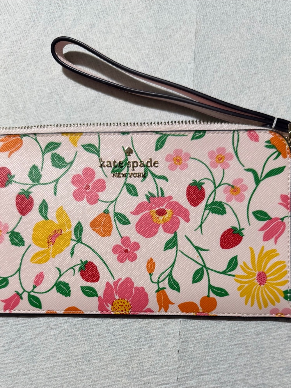 kate spade Pink Floral & Strawberry Wristlet with Gold Logo
